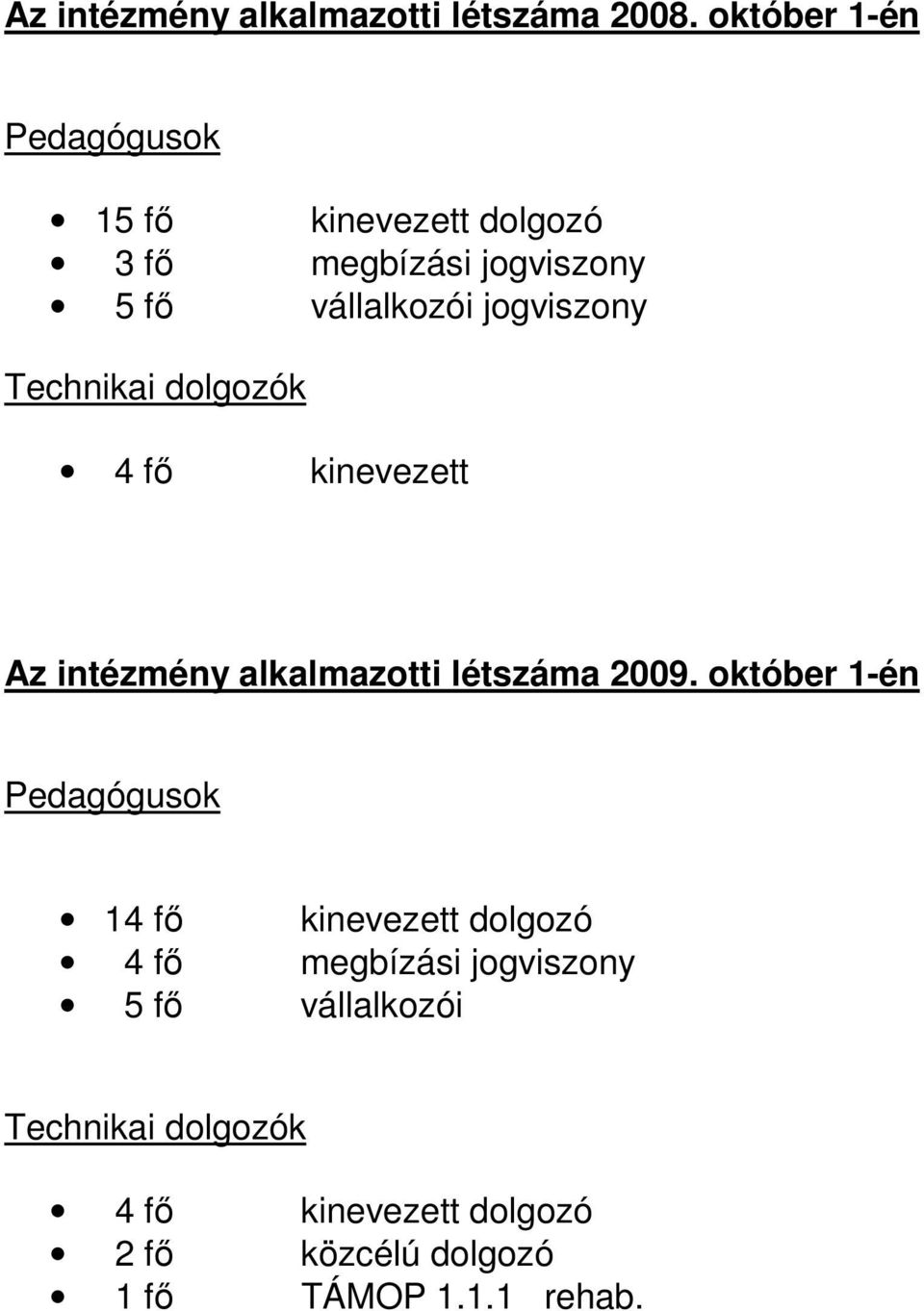 jogviszony Technikai dolgozók 4 fı kinevezett Az intézmény alkalmazotti létszáma 2009.