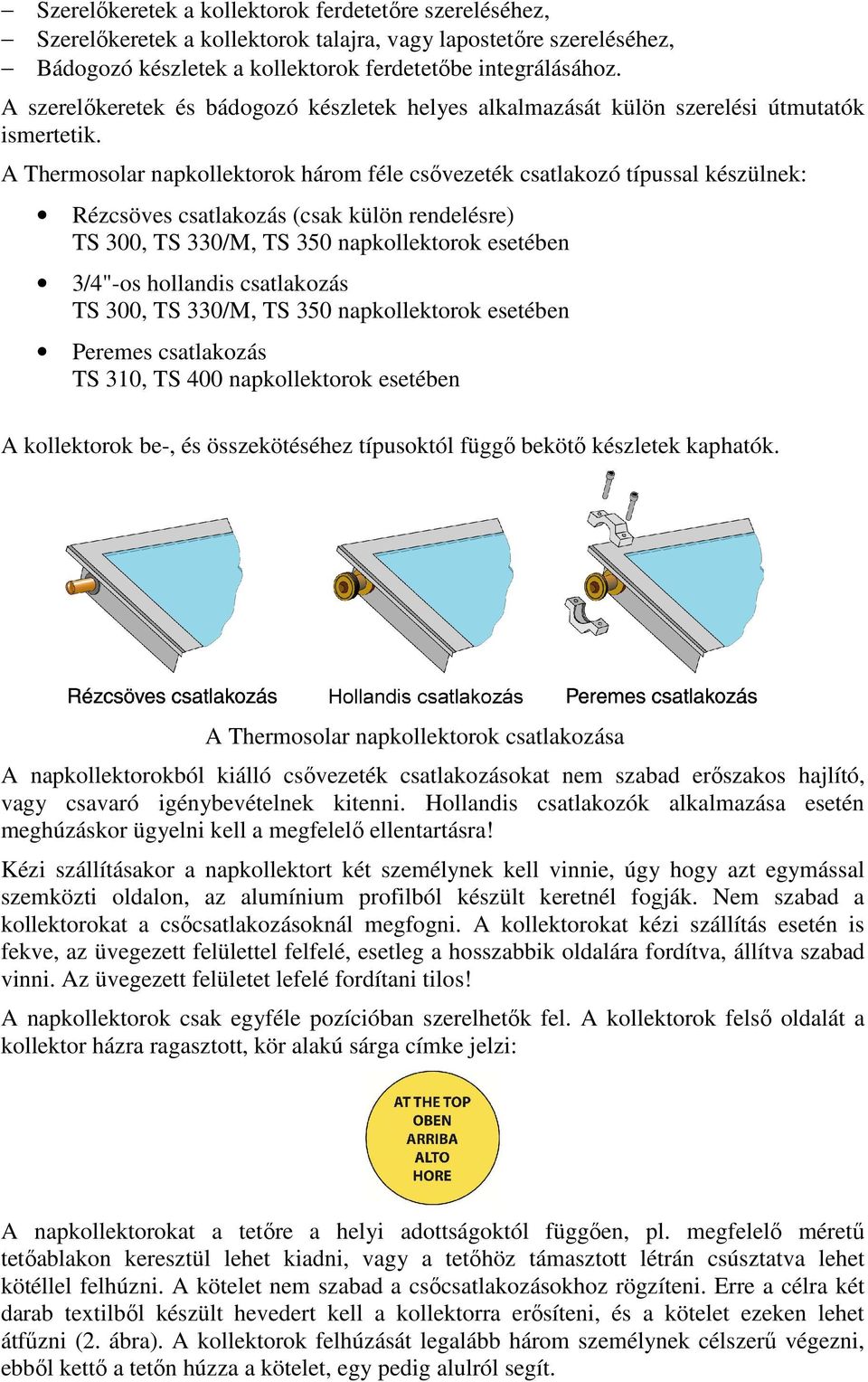 A Thermosolar napkollektorok három féle csővezeték csatlakozó típussal készülnek: Rézcsöves csatlakozás (csak külön rendelésre) TS 300, TS 330/M, TS 350 napkollektorok esetében 3/4"-os hollandis