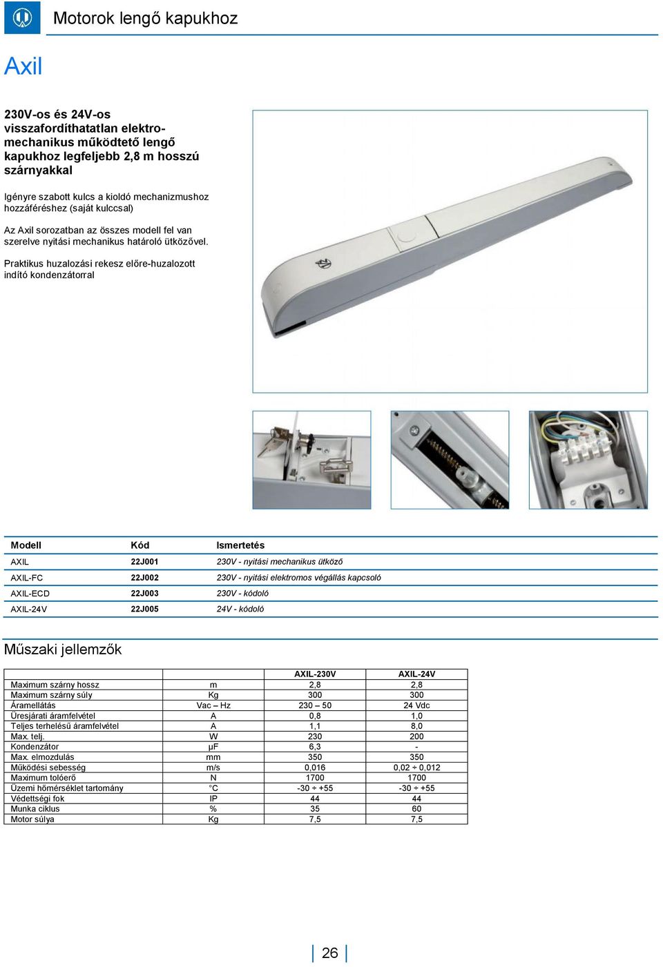 Praktikus huzalozási rekesz előre-huzalozott indító kondenzátorral Modell Kód Ismertetés AXIL 22J001 230V - nyitási mechanikus ütköző AXIL-FC 22J002 230V - nyitási elektromos végállás kapcsoló