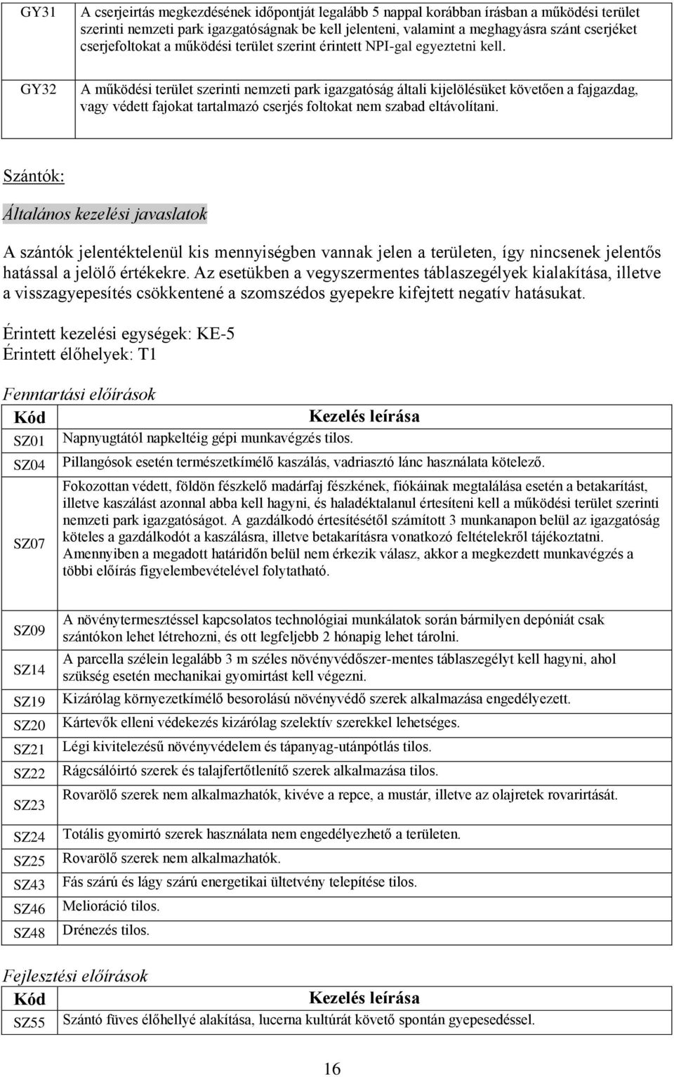 A működési terület szerinti nemzeti park igazgatóság általi kijelölésüket követően a fajgazdag, vagy védett fajokat tartalmazó cserjés foltokat nem szabad eltávolítani.