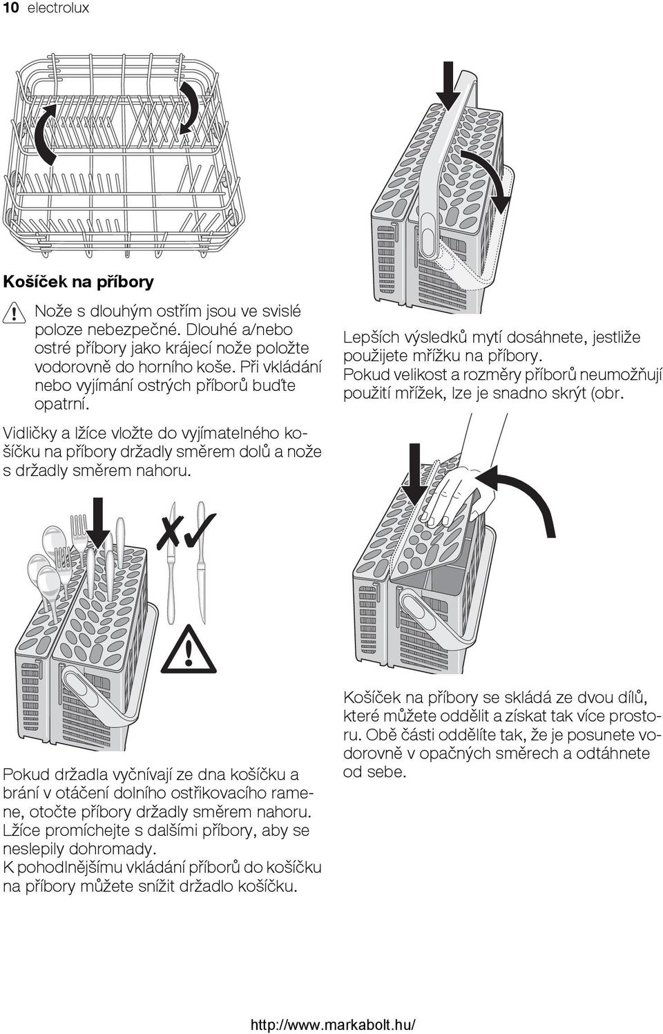 Lepších výsledků mytí dosáhnete, jestliže použijete mřížku na příbory. Pokud velikost a rozměry příborů neumožňují použití mřížek, lze je snadno skrýt (obr.
