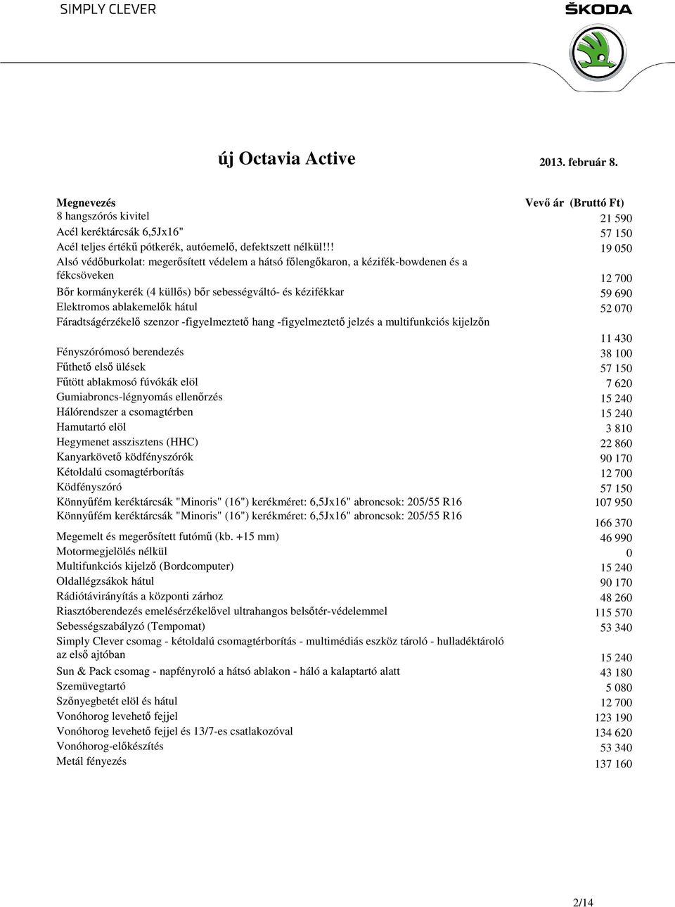 ablakemelők hátul 52 070 Fáradtságérzékelő szenzor -figyelmeztető hang -figyelmeztető jelzés a multifunkciós kijelzőn 11 430 Fényszórómosó berendezés 38 100 Fűthető első ülések 57 150 Fűtött