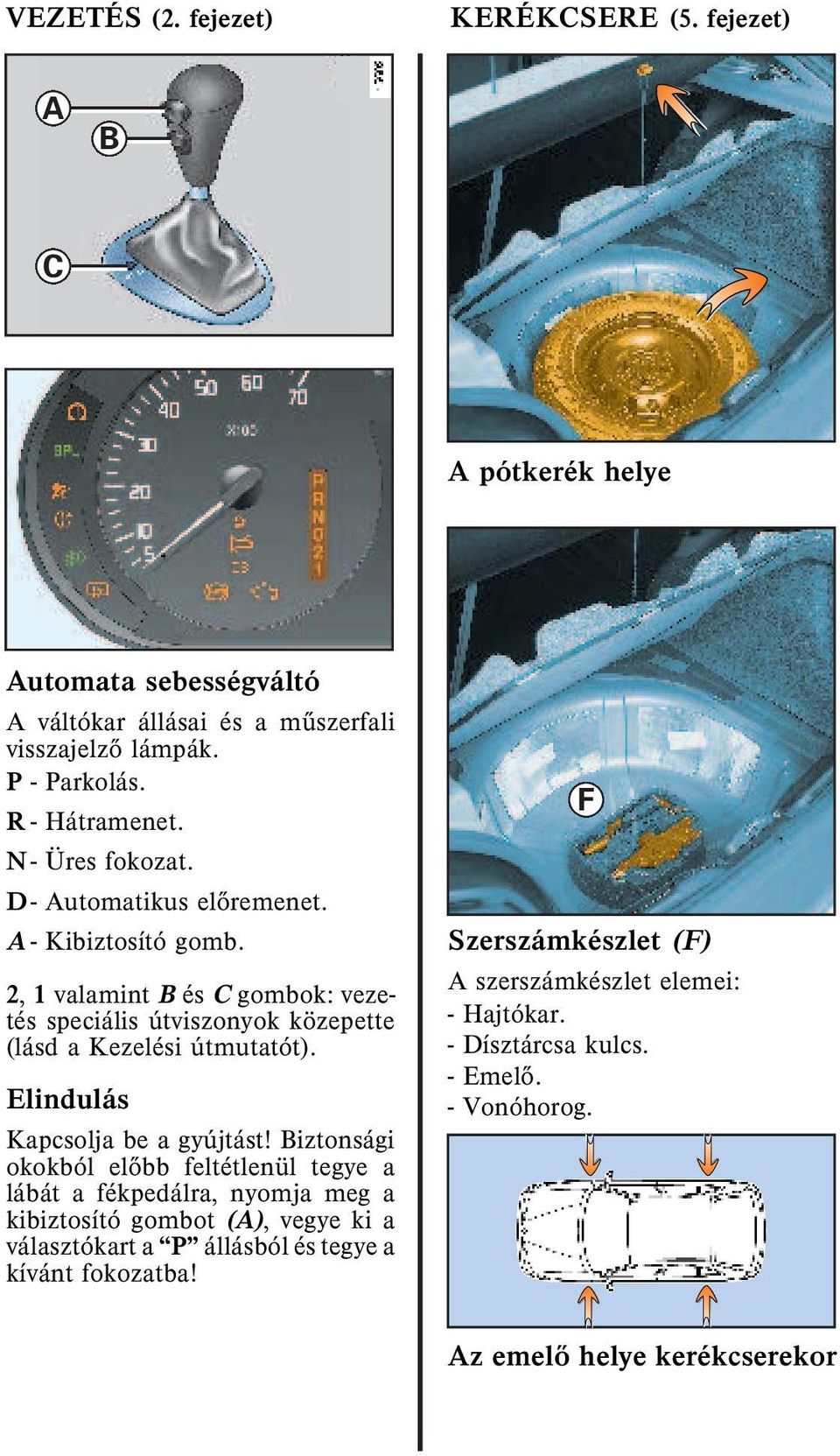 2, 1 valamint és C gombok: vezetés speciális útviszonyok közepette (lásd a Kezelési útmutatót). Elindulás Kapcsolja be a gyújtást!