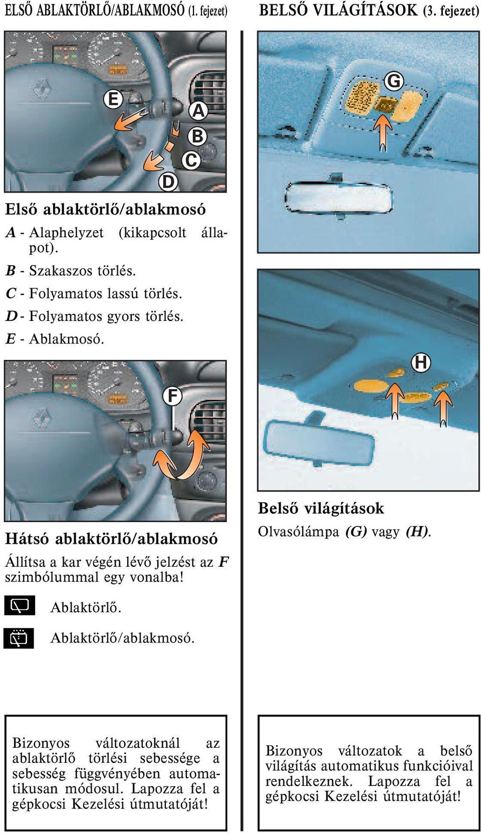 G H Hátsó ablaktörlõ/ablakmosó Állítsa a kar végén lévõ jelzést az F szimbólummal egy vonalba! elsõ világítások Olvasólámpa (G) vagy (H). blaktörlõ.