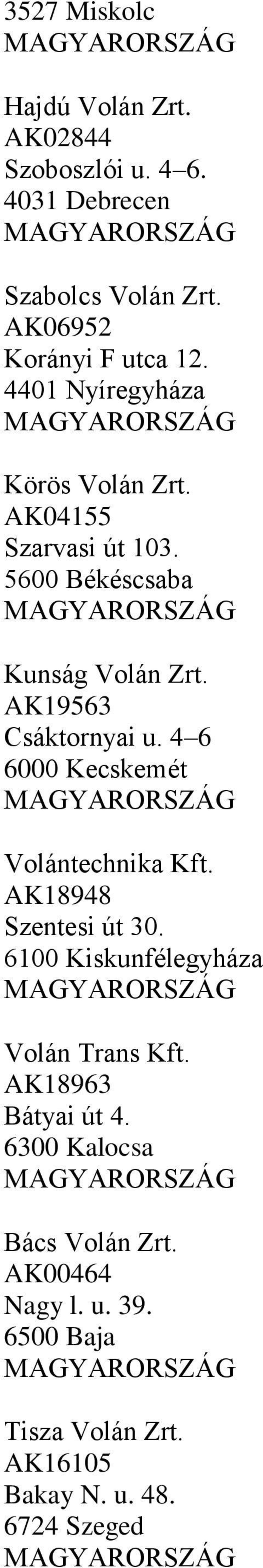 4 6 6000 Kecskemét Volántechnika Kft. AK18948 Szentesi út 30. 6100 Kiskunfélegyháza Volán Trans Kft.