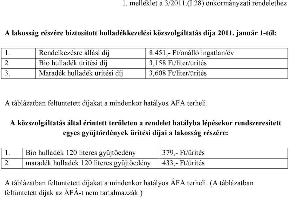 Maradék hulladék ürítési díj 3,608 Ft/liter/ürítés A táblázatban feltüntetett díjakat a mindenkor hatályos ÁFA terheli.