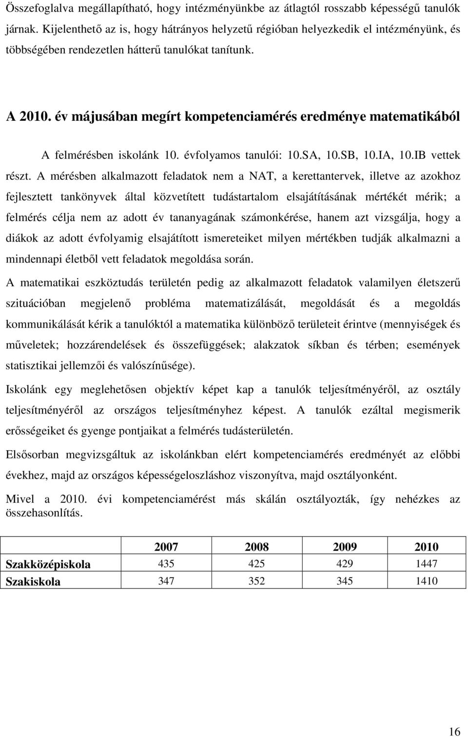 év májusában megírt kompetenciamérés eredménye matematikából A felmérésben iskolánk 10. évfolyamos tanulói: 10.SA, 10.SB, 10.IA, 10.IB vettek részt.