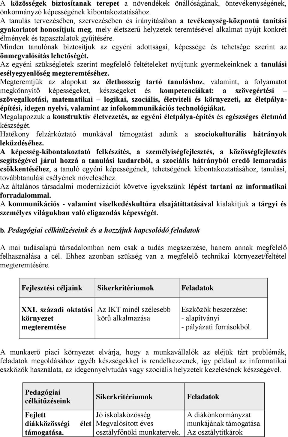 tapasztalatok gyűjtésére. Minden tanulónak biztosítjuk az egyéni adottságai, képessége és tehetsége szerint az önmegvalósítás lehetőségét.