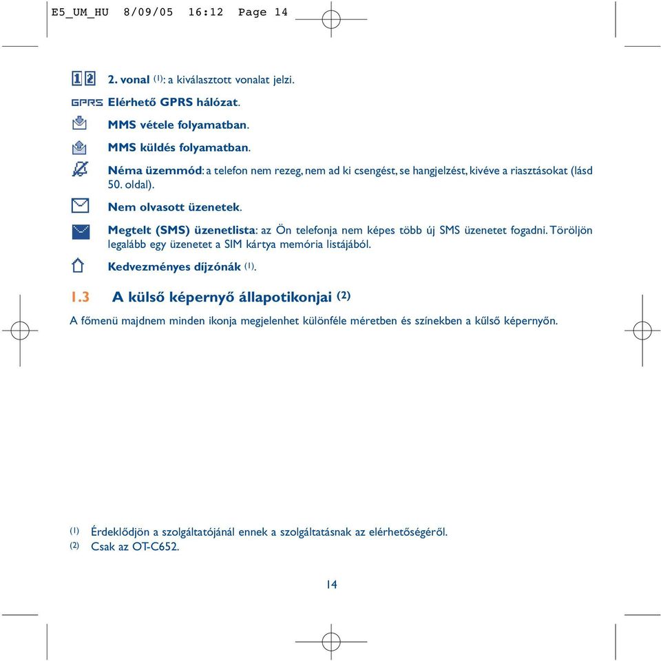 Megtelt (SMS) üzenetlista: az Ön telefonja nem képes több új SMS üzenetet fogadni. Töröljön legalább egy üzenetet a SIM kártya memória listájából. Kedvezményes díjzónák (1).