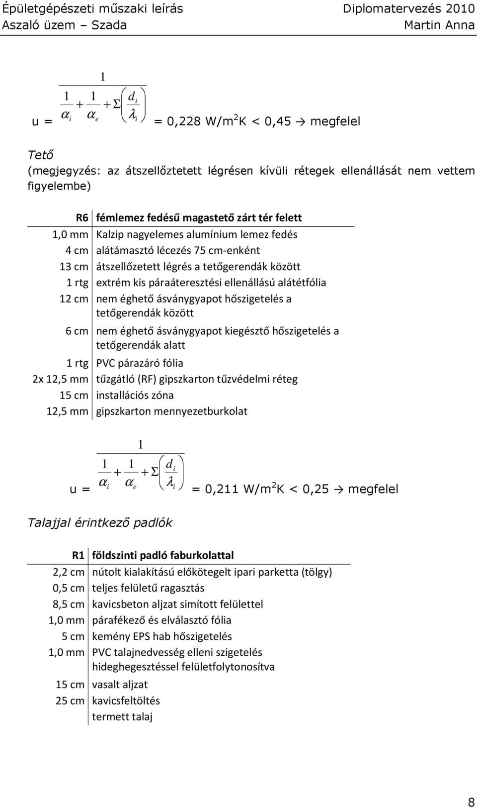 12 cm nem éghető ásványgyapot hőszigetelés a tetőgerendák között 6 cm nem éghető ásványgyapot kiegésztő hőszigetelés a tetőgerendák alatt 1 rtg PVC párazáró fólia 2x 12,5 mm tűzgátló (RF) gipszkarton