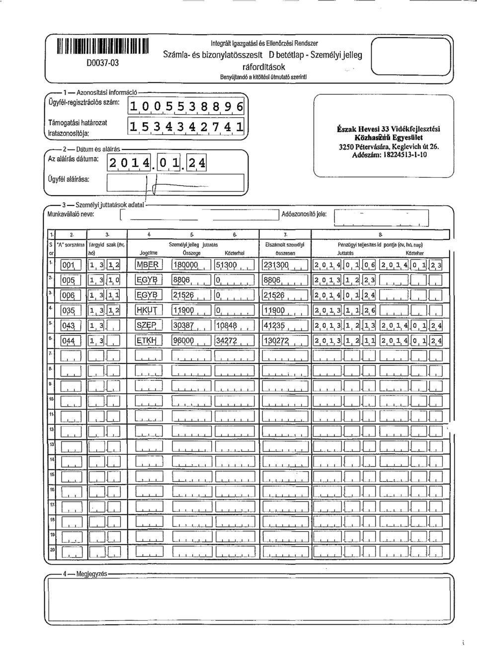 M Ügyfé aáirása: Észak Hevesi 33 Vidékfejesztési Közhasitii Egyesüet 325 0 Pétervására, Kegevich út 26. Adószám: 18224513 1-10 3 s é.. tt t k d t 1 ".- - zem yru a asa a a ar Munkaváaó neve: L.