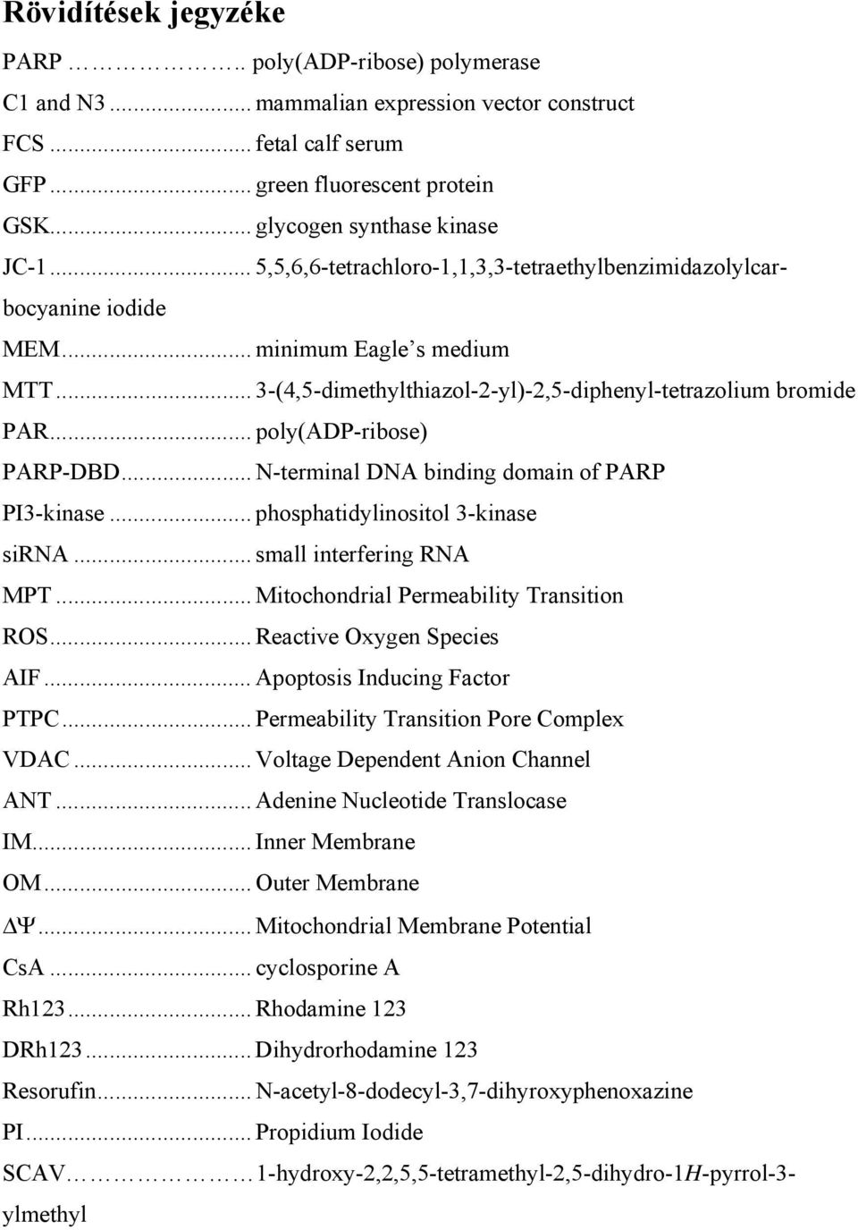 .. poly(adp-ribose) PARP-DBD... N-terminal DNA binding domain of PARP PI3-kinase... phosphatidylinositol 3-kinase sirna... small interfering RNA MPT... Mitochondrial Permeability Transition ROS.