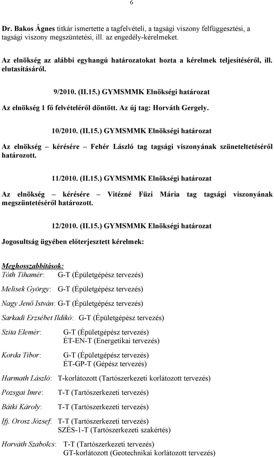 Az új tag: Horváth Gergely. 10/2010. (II.15.) GYMSMMK Elnökségi határozat Az elnökség kérésére Fehér László tag tagsági viszonyának szüneteltetéséről határozott. 11/2010. (II.15.) GYMSMMK Elnökségi határozat Az elnökség kérésére Vitézné Füzi Mária tag tagsági viszonyának megszüntetéséről határozott.