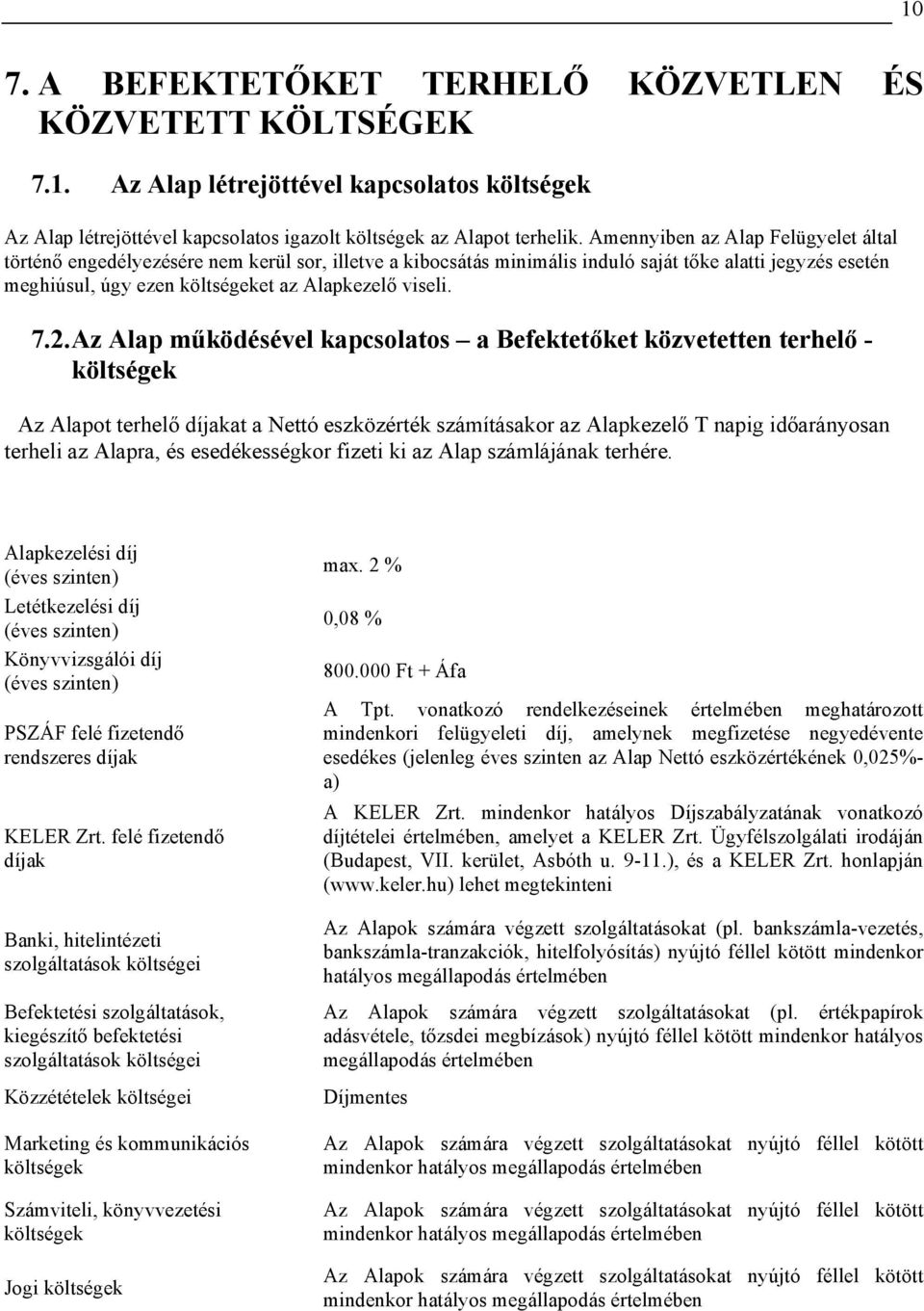 7.2. Az Alap működésével kapcsolatos a Befektetőket közvetetten terhelő - költségek Az Alapot terhelő díjakat a Nettó eszközérték számításakor az Alapkezelő T napig időarányosan terheli az Alapra, és