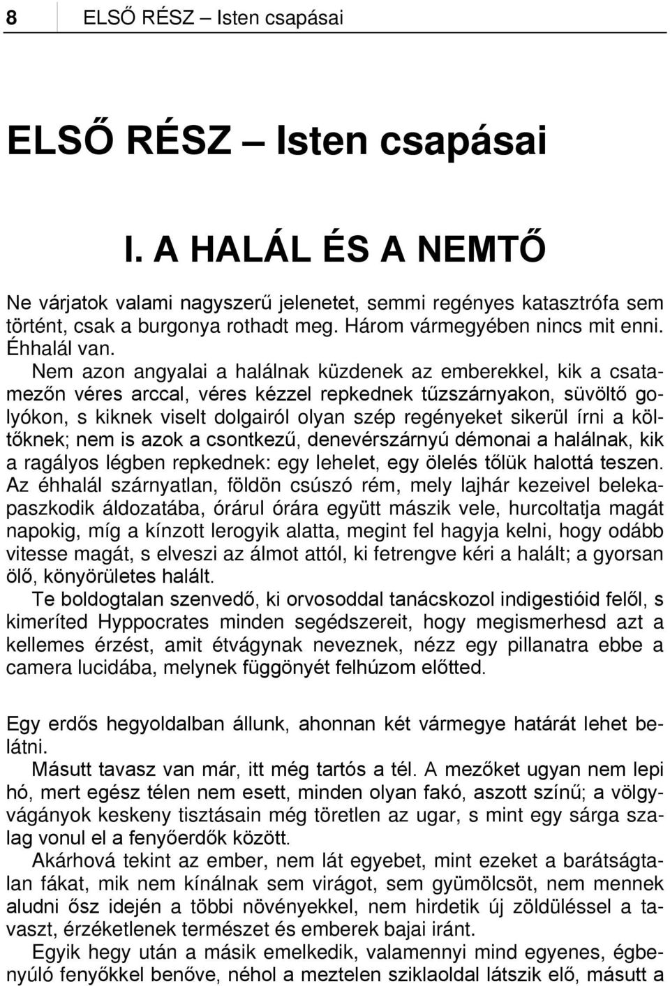 Nem azon angyalai a halálnak küzdenek az emberekkel, kik a csatamezőn véres arccal, véres kézzel repkednek tűzszárnyakon, süvöltő golyókon, s kiknek viselt dolgairól olyan szép regényeket sikerül