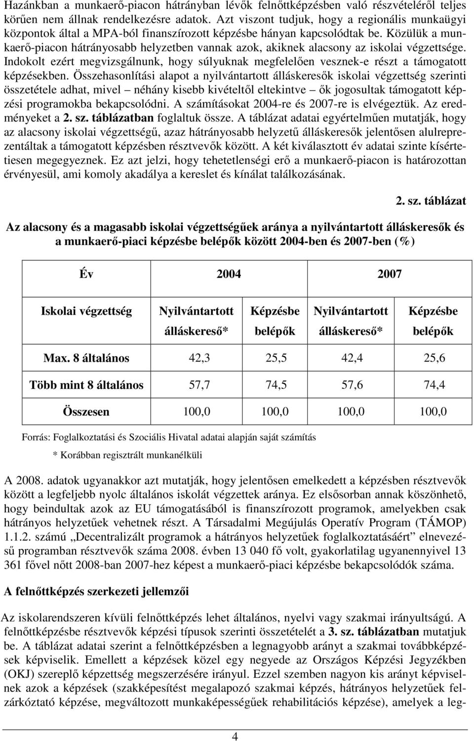 Közülük a munkaerı-piacon hátrányosabb helyzetben vannak azok, akiknek alacsony az iskolai végzettsége. Indokolt ezért megvizsgálnunk, hogy súlyuknak megfelelıen vesznek-e részt a támogatott ekben.