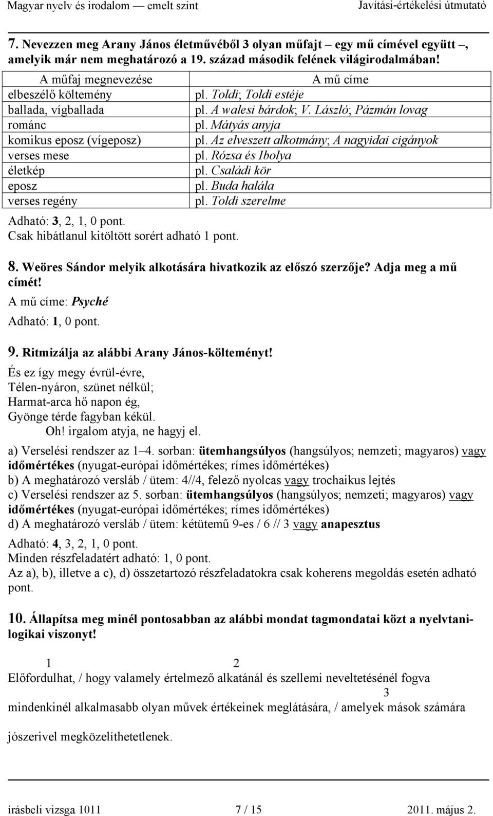 A mű címe pl. Toldi; Toldi estéje pl. A walesi bárdok; V. László; Pázmán lovag pl. Mátyás anyja pl. Az elveszett alkotmány; A nagyidai cigányok pl. Rózsa és Ibolya pl. Családi kör pl. Buda halála pl.