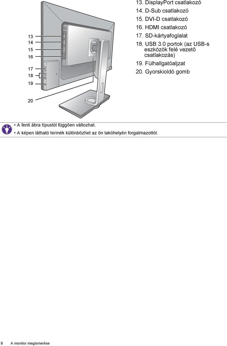 0 portok (az USB-s eszközök felé vezető csatlakozás) 19. Fülhallgatóaljzat 20.