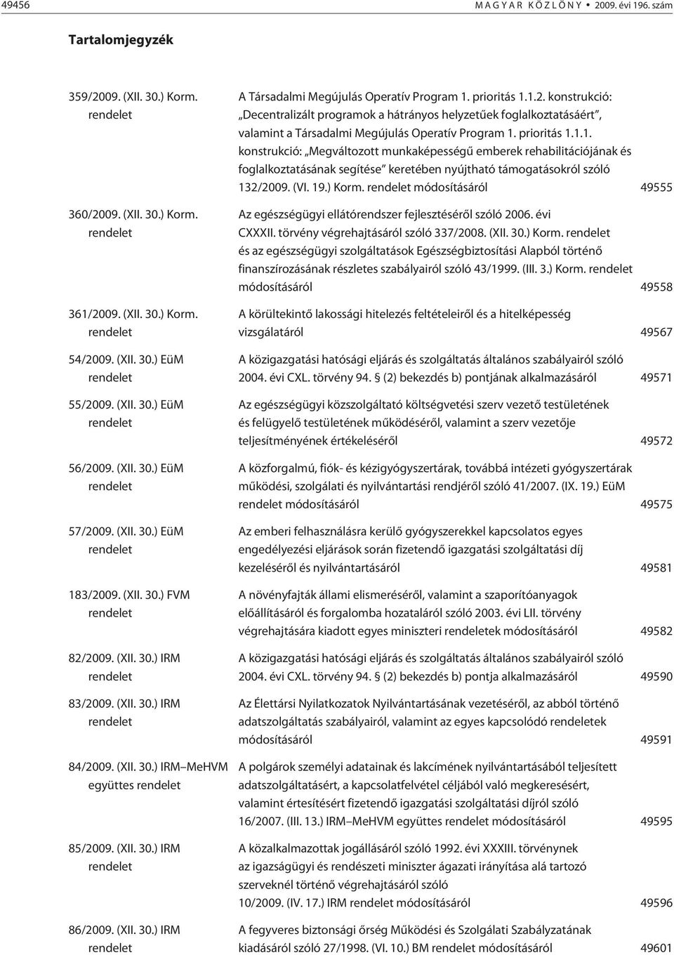 (XII. 30.) IRM MeHVM együttes rendelet 85/2009. (XII. 30.) IRM rendelet 86/2009. (XII. 30.) IRM rendelet A Társadalmi Megújulás Operatív Program 1. prioritás 1.1.2. konstrukció: Decentralizált programok a hátrányos helyzetûek foglalkoztatásáért, valamint a Társadalmi Megújulás Operatív Program 1.