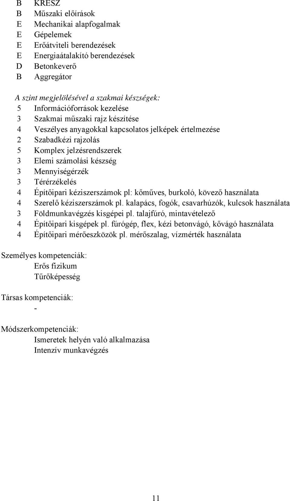 Mennyiségérzék 3 Térérzékelés 4 Építőipari kéziszerszámok pl: kőműves, burkoló, kövező használata 4 Szerelő kéziszerszámok pl.