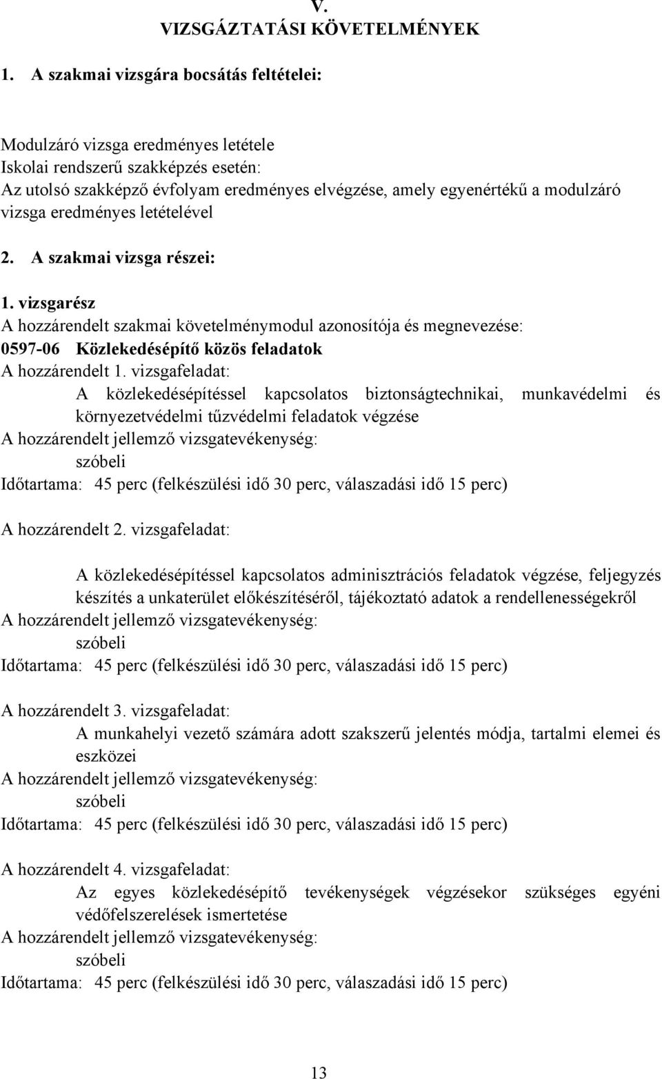 vizsga eredményes letételével 2. A szakmai vizsga részei: 1. vizsgarész A hozzárendelt szakmai követelménymodul azonosítója és megnevezése: 059706 Közlekedésépítő közös feladatok A hozzárendelt 1.