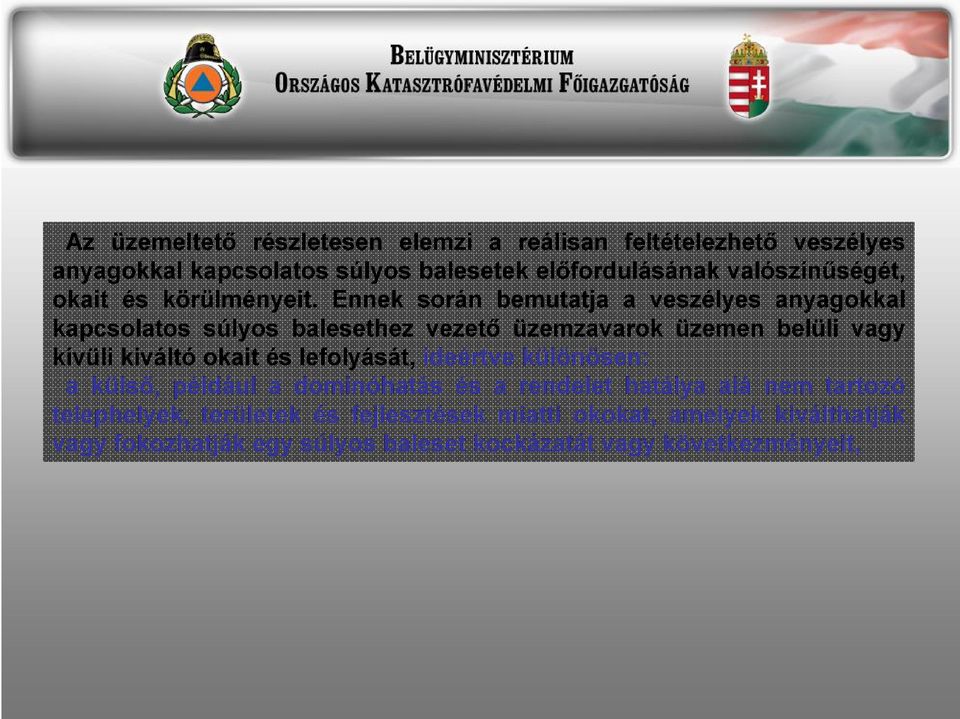 Ennek során bemutatja a veszélyes anyagokkal kapcsolatos súlyos balesethez vezető üzemzavarok üzemen belüli vagy kívüli kiváltó okait és