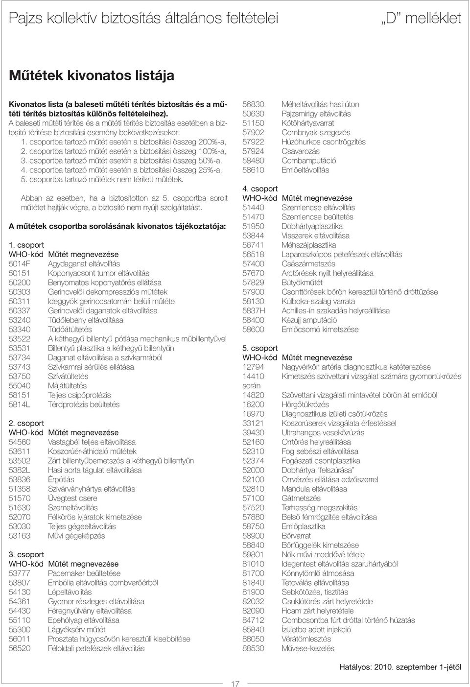 csoportba tartozó mûtét esetén a biztosítási összeg 100%-a, 3. csoportba tartozó mûtét esetén a biztosítási összeg 50%-a, 4. csoportba tartozó mûtét esetén a biztosítási összeg 25%-a, 5.