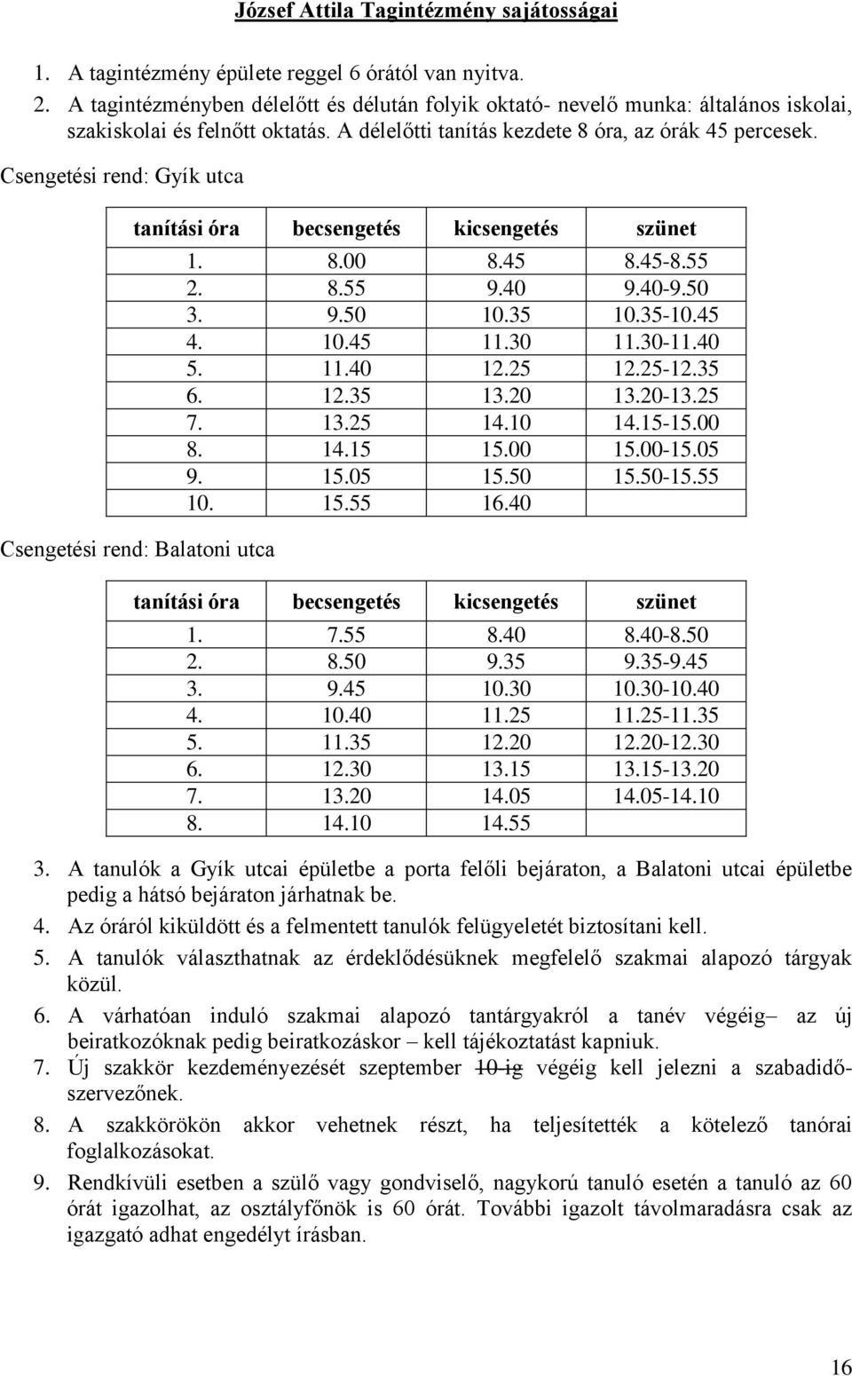 Csengetési rend: Gyík utca tanítási óra becsengetés kicsengetés szünet Csengetési rend: Balatoni utca 1. 8.00 8.45 8.45-8.55 2. 8.55 9.40 9.40-9.50 3. 9.50 10.35 10.35-10.45 4. 10.45 11.30 11.30-11.