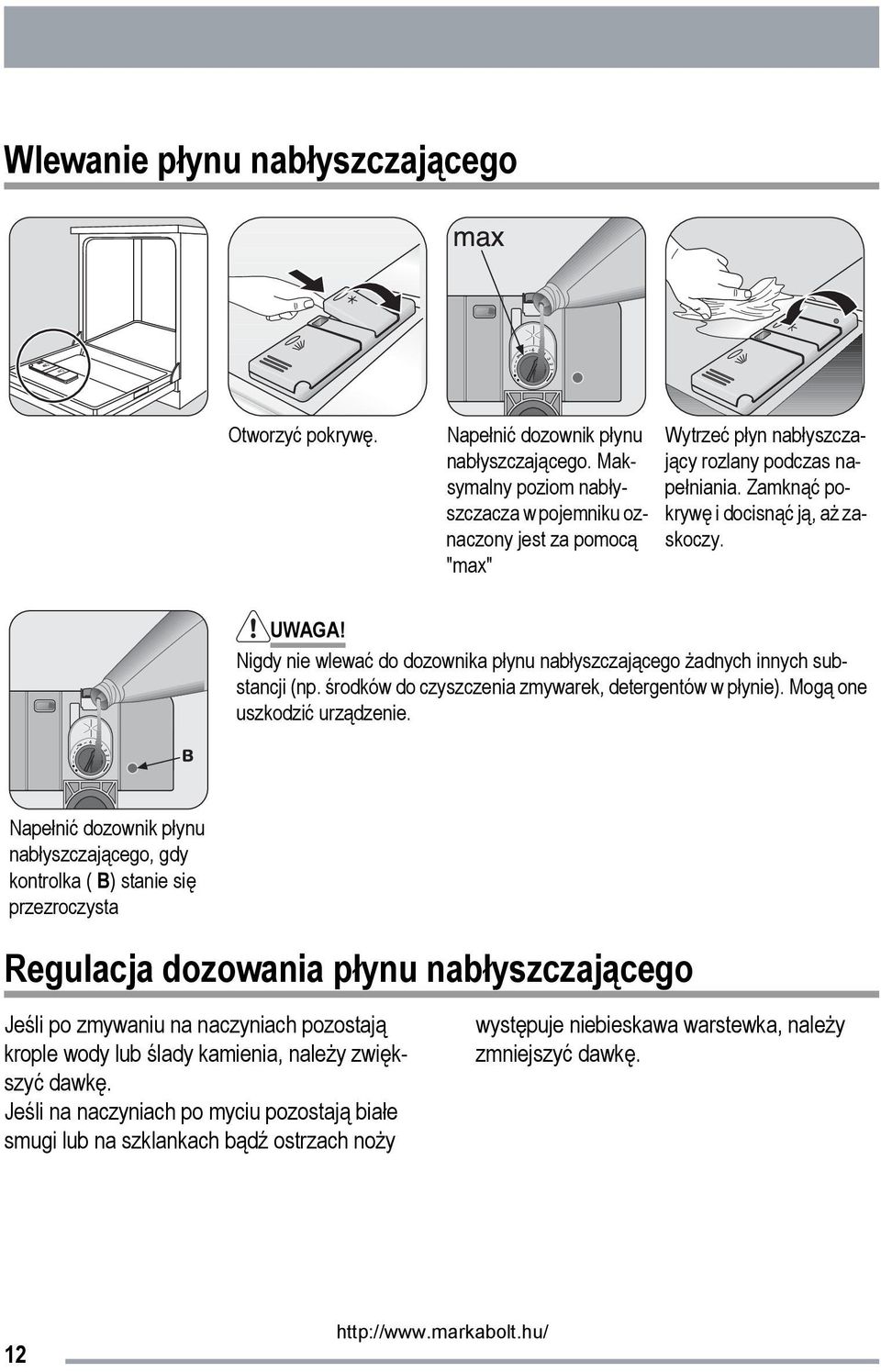 Nigdy nie wlewać do dozownika płynu nabłyszczającego żadnych innych substancji (np. środków do czyszczenia zmywarek, detergentów w płynie). Mogą one uszkodzić urządzenie.