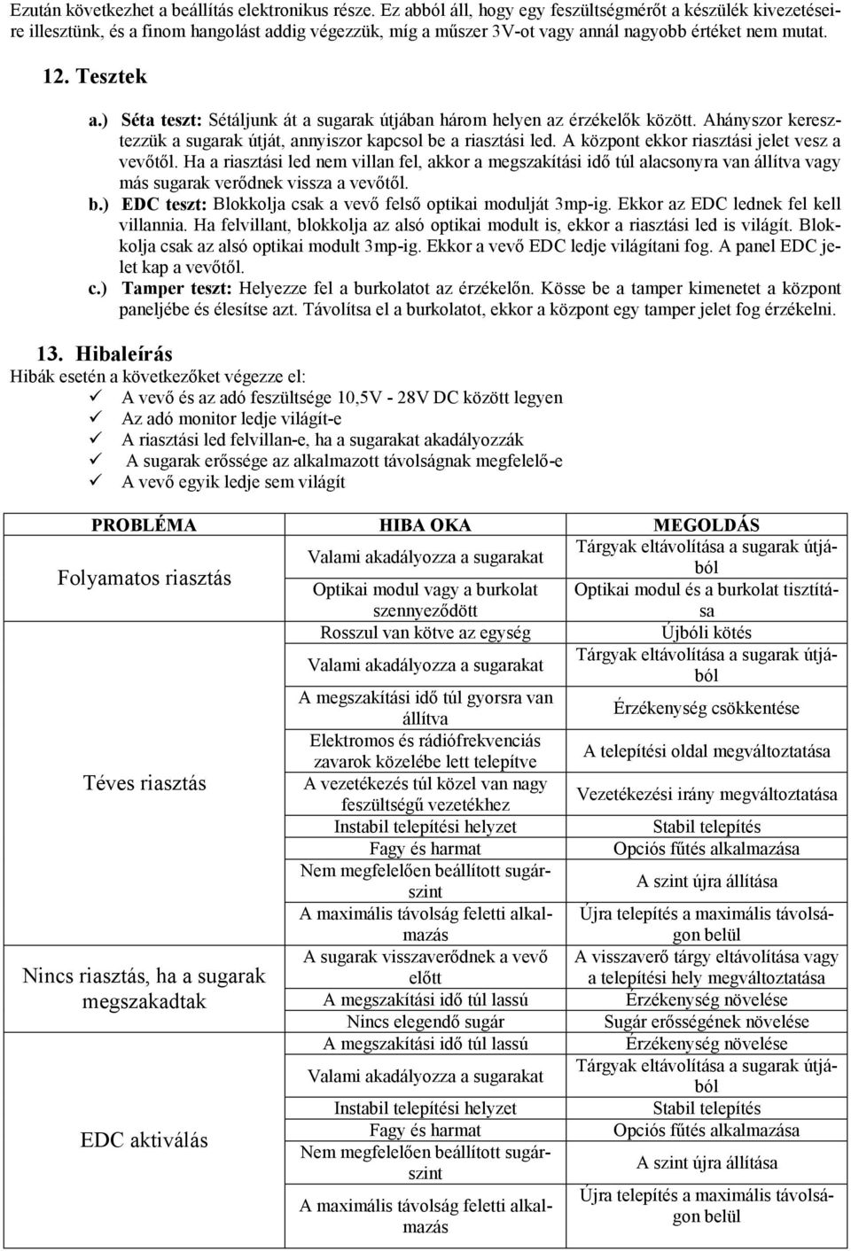 ) Séta teszt: Sétáljunk át a sugarak útjában három helyen az érzékelők között. Ahányszor keresztezzük a sugarak útját, annyiszor kapcsol be a riasztási led.