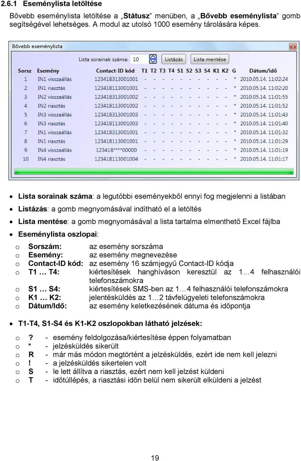 Excel fájlba Eseménylista oszlopai: o Sorszám: az esemény sorszáma o Esemény: az esemény megnevezése o Contact-ID kód: az esemény 16 számjegyű Contact-ID kódja o T1 T4: kiértesítések hanghíváson