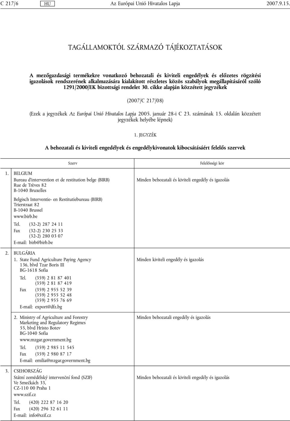 oldalán közzétett jegyzékek helyébe lépnek) 1. JEGYZÉK A behozatali és kiviteli engedélyek és engedélykivonatok kibocsátásáért felelős szervek 1.