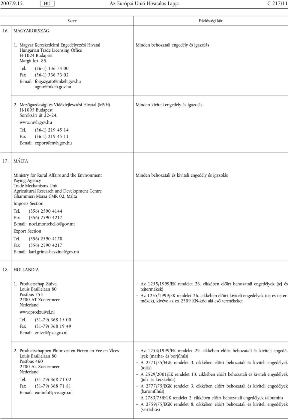 Mezőgazdasági és Vidékfejlesztési Hivatal (MVH) H-1095 Budapest Soroksári út 22 24. www.mvh.gov.hu Tel. (36-1) 219 45 14 Fax (36-1) 219 45 11 E-mail: export@mvh.gov.hu Minden kiviteli engedély és igazolás 17.