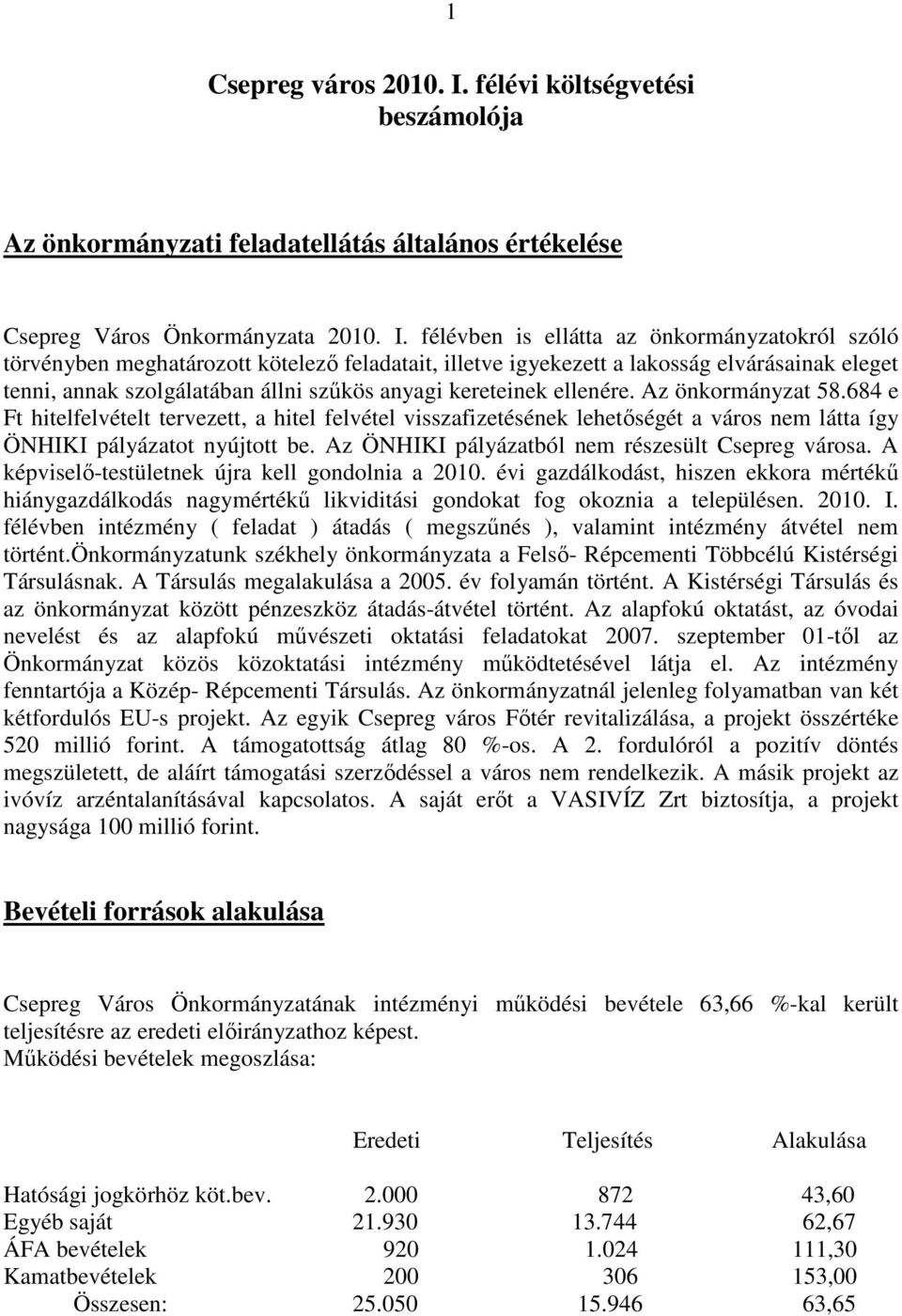 félévben is ellátta az önkormányzatokról szóló törvényben meghatározott kötelezı feladatait, illetve igyekezett a lakosság elvárásainak eleget tenni, annak szolgálatában állni szőkös anyagi