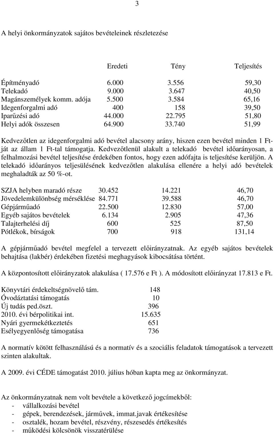 740 51,99 Kedvezıtlen az idegenforgalmi adó bevétel alacsony arány, hiszen ezen bevétel minden 1 Ftját az állam 1 Ft-tal támogatja.