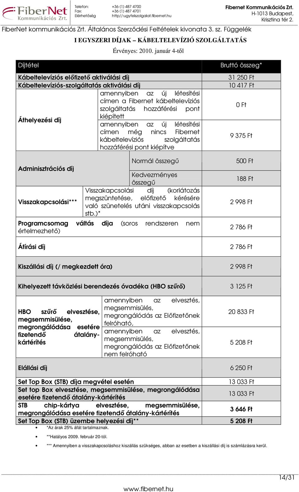 Áthelyezési díj kiépített amennyiben az új létesítési címen még nincs Fibernet kábeltelevíziós szolgáltatás hozzáférési pont kiépítve Adminisztrációs díj Visszakapcsolási*** Normál összegő