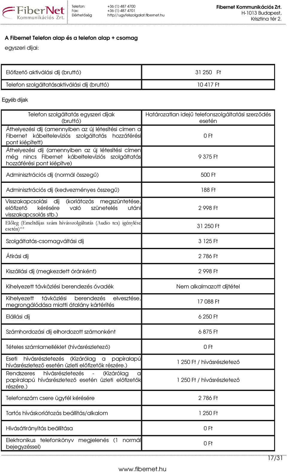 nincs Fibernet kábeltelevíziós szolgáltatás hozzáférési pont kiépítve) Adminisztrációs díj (normál összegő) Adminisztrációs díj (kedvezményes összegő) Visszakapcsolási díj (korlátozás megszüntetése,