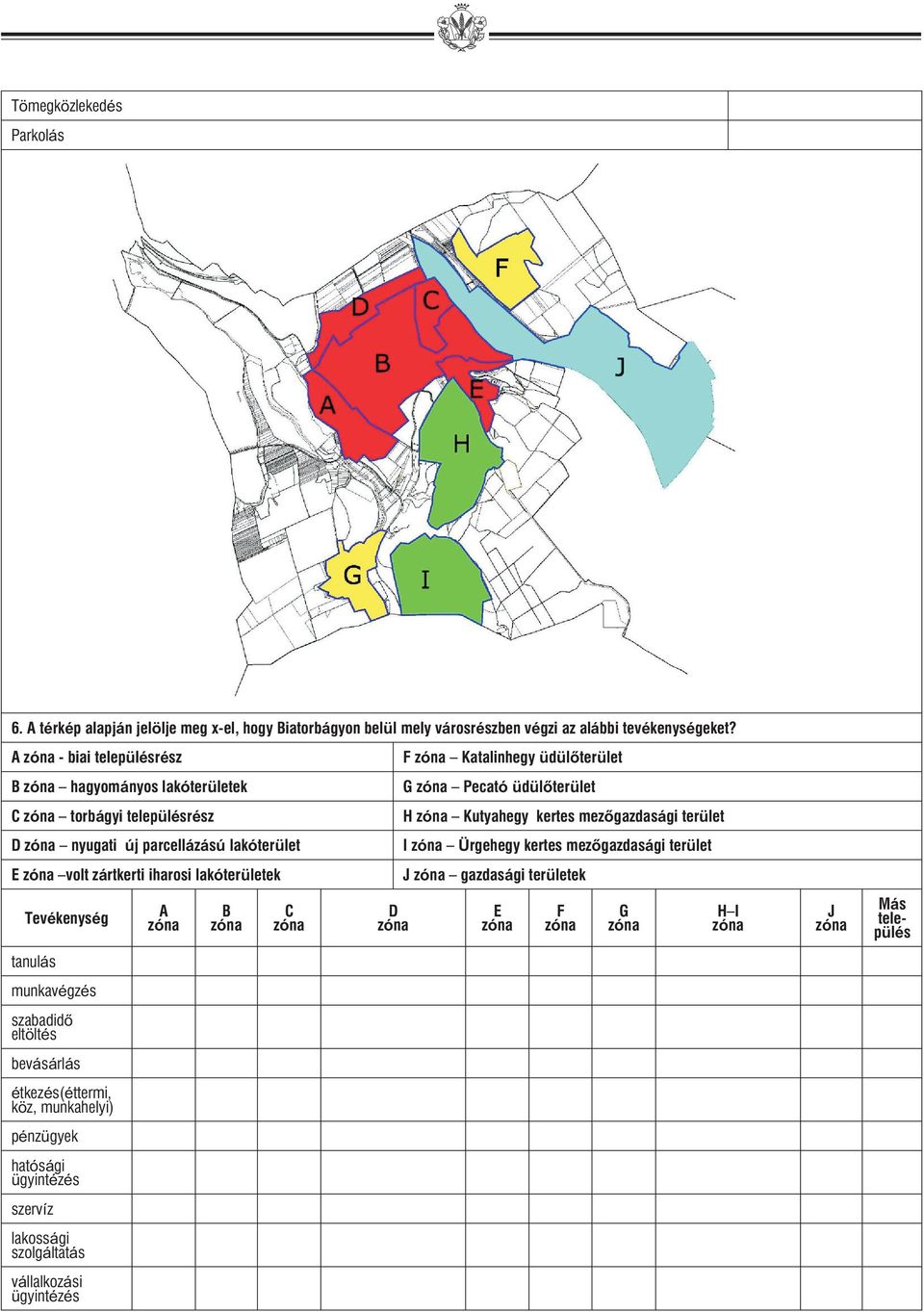 új parcellázású lakóterület I Ürgehegy kertes mezõgazdasági terület E volt zártkerti iharosi lakóterületek J gazdasági területek Tevékenység A B C D E F G H I J Más település