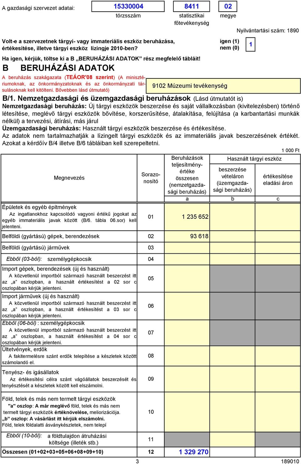 B BERUHÁZÁSI ADATOK A eruházás szkágzt (TEÁOR'8 szerint) (A minisztériumoknk, z önkormányztoknk és z önkormányzti társulásoknk kell kitölteni. Bőveen lásd útmuttó) 912 Múzeumi tevékenység B/1.