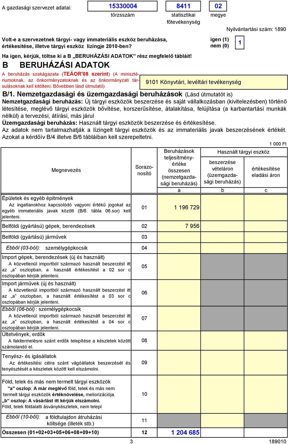 B BERUHÁZÁSI ADATOK A eruházás szkágzt (TEÁOR'8 szerint) (A minisztériumoknk, z önkormányztoknk és z önkormányzti társulásoknk kell kitölteni. Bőveen lásd útmuttó) B/1.