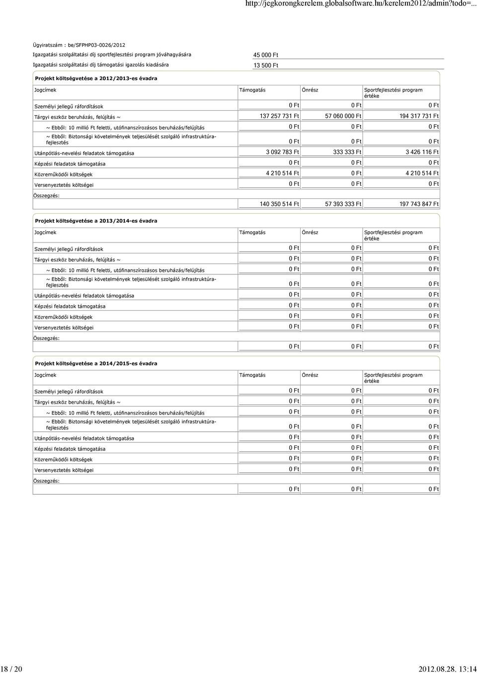 Támogatás Önrész Sportfejlesztési program értéke Személyi jellegű ráfordítások Tárgyi eszköz beruházás, felújítás ~ ~ Ebből: 10 millió Ft feletti, utófinanszírozásos beruházás/felújítás ~ Ebből: