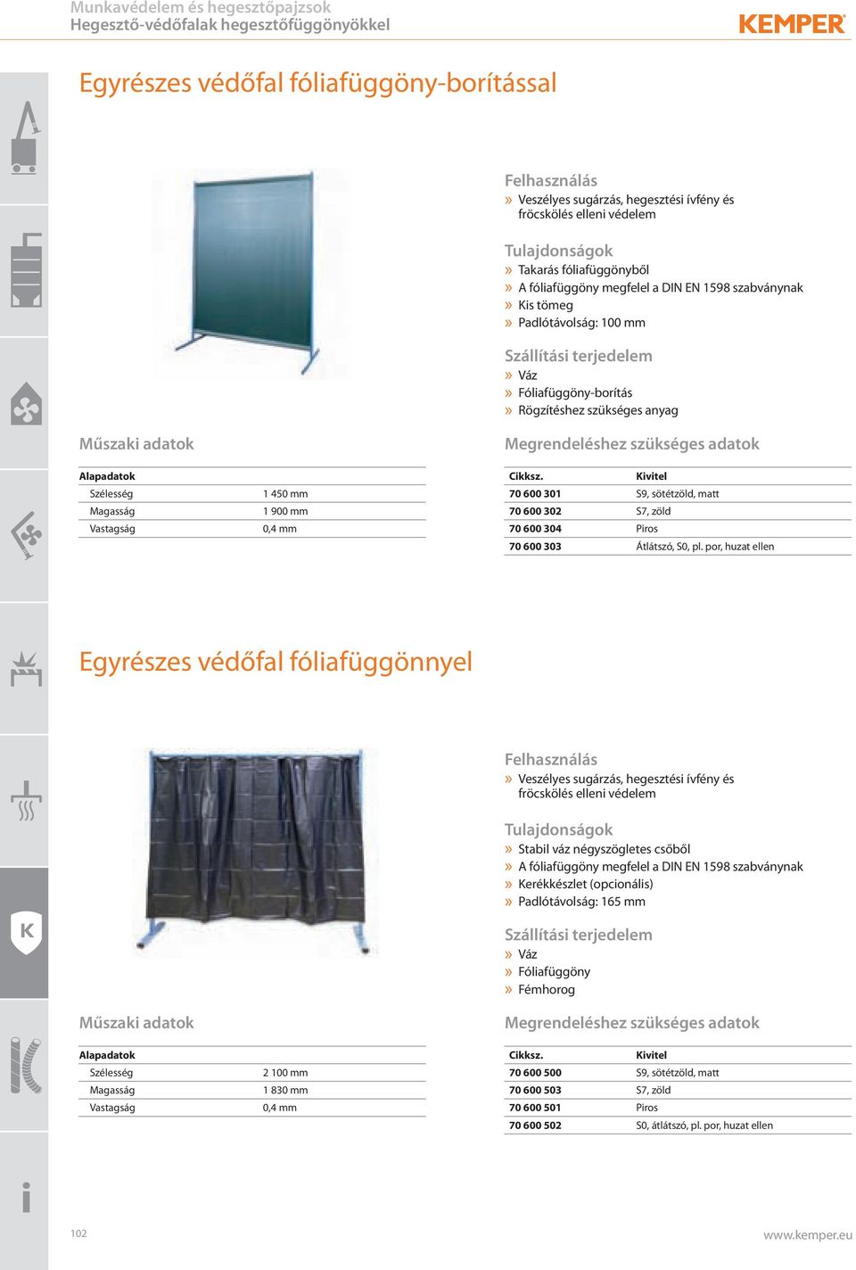 terjedelem» Váz» Fóliafüggöny-borítás» Rögzítéshez szükséges anyag Szélesség Magasság Vastagság 1 450 mm 1 900 mm 0,4 mm 70 600 301 70 600 302 70 600 304 70 600 303 S9, sötétzöld, matt S7, zöld Piros