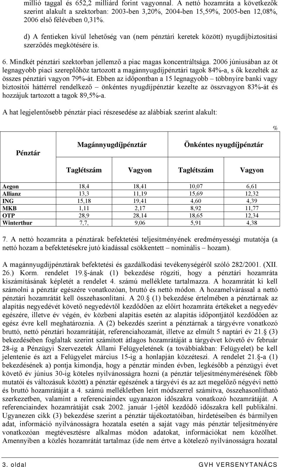 2006 júniusában az öt legnagyobb piaci szereplőhöz tartozott a magánnyugdíjpénztári tagok 84%-a, s ők kezelték az összes pénztári vagyon 79%-át.