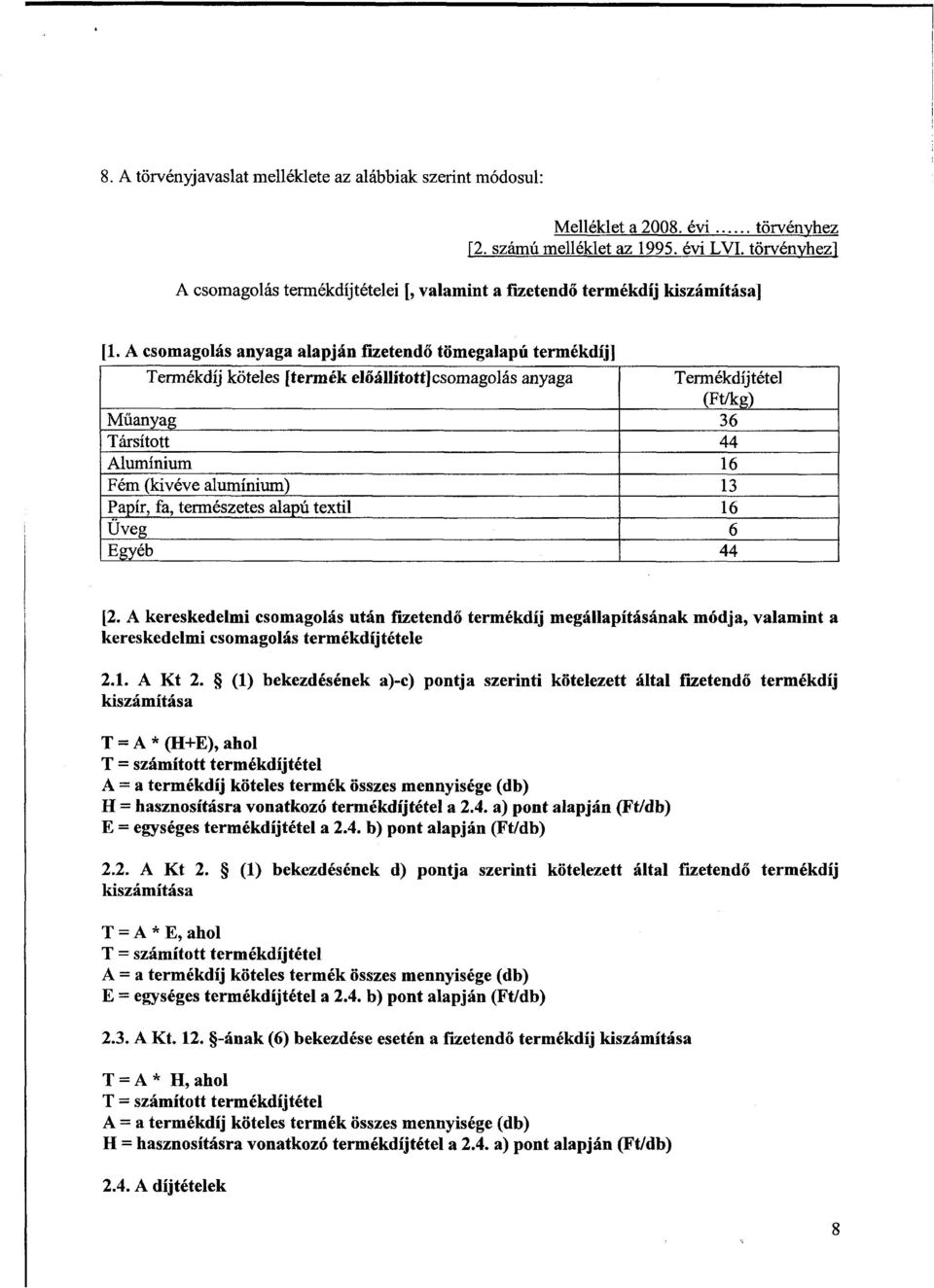 A csomagolás anyaga alapján fizetend ő tömegalapú termékdíj ] Termékdíj köteles [termék el őállított]csomagolás anyaga Termékdíjtétel (Ft/kg) Műanyag 36 Társított 44 Alumínium 16 Fém (kivéve