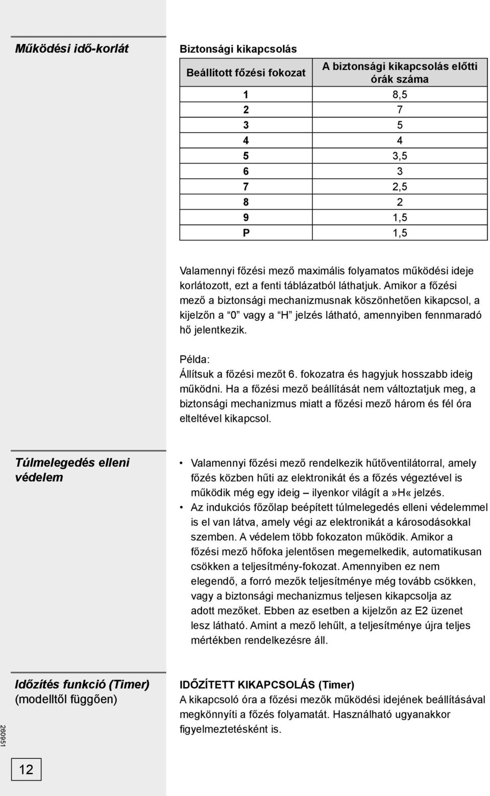 Amikor a főzési mező a biztonsági mechanizmusnak köszönhetően kikapcsol, a kijelzőn a 0 vagy a H jelzés látható, amennyiben fennmaradó hő jelentkezik. Példa: Állítsuk a főzési mezőt 6.