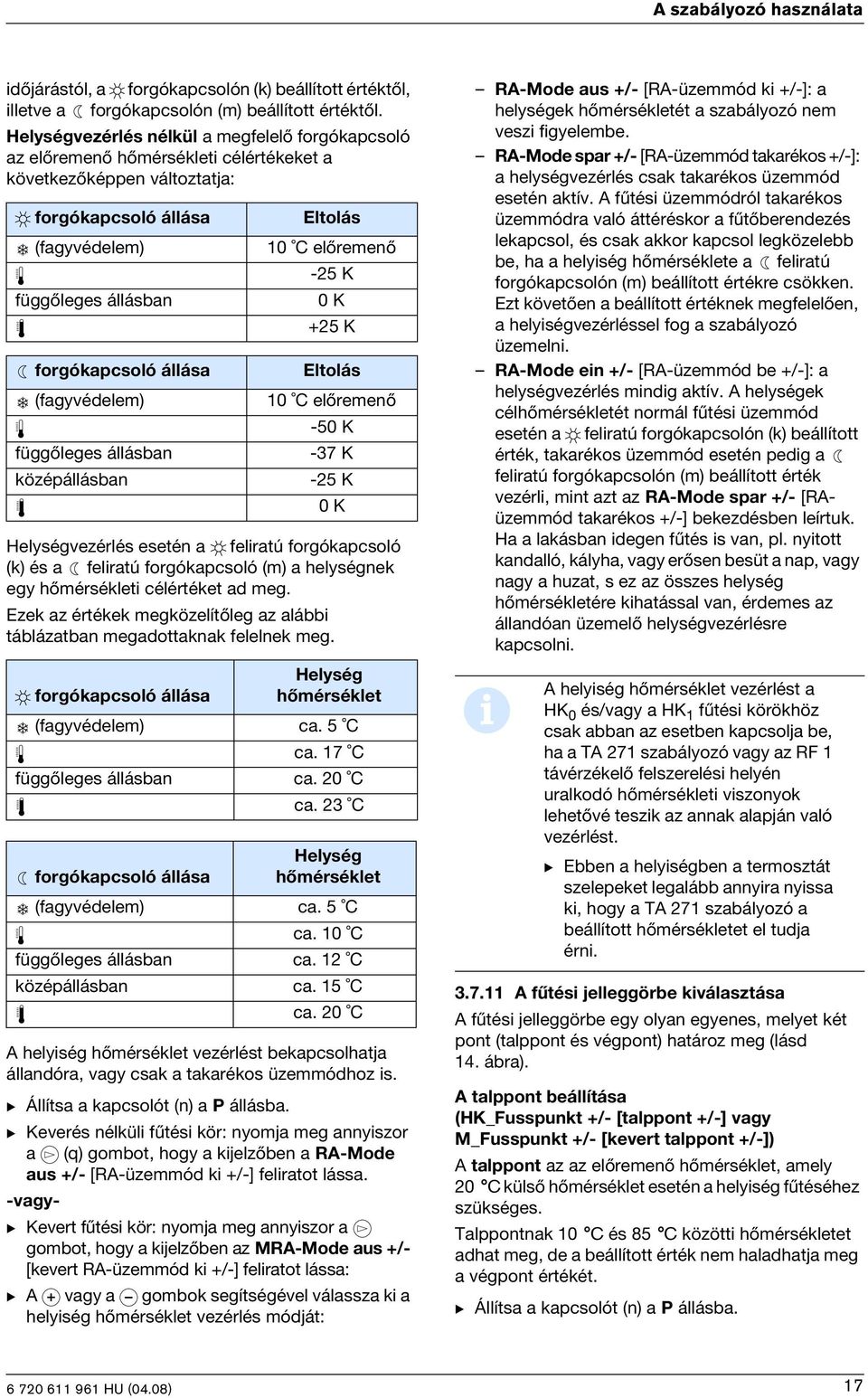 (fagyvédelem) függõleges állásban középállásban Eltolás 10 C elõremenõ -25 K 0 K +25 K Eltolás 10 C elõremenõ -50 K -37 K -25 K 0 K Helységvezérlés esetén a felratú forgókapcsoló (k) és a felratú