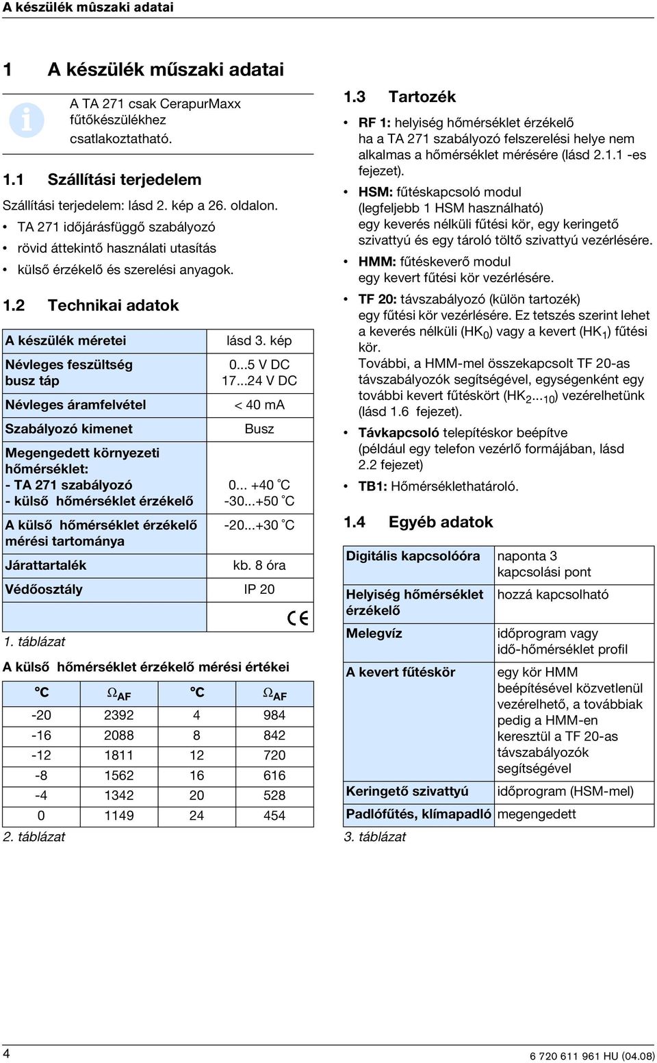 Névleges feszültség busz táp Névleges áramfelvétel Szabályozó kmenet Megengedett környezet hõmérséklet: - TA 271 szabályozó - külsõ hõmérséklet érzékelõ A külsõ hõmérséklet érzékelõ mérés tartománya