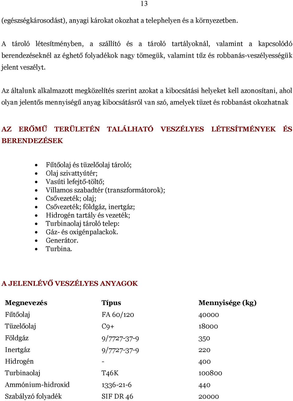 Az általunk alkalmazott megközelítés szerint azokat a kibocsátási helyeket kell azonosítani, ahol olyan jelentős mennyiségű anyag kibocsátásról van szó, amelyek tüzet és robbanást okozhatnak AZ ERŐMŰ