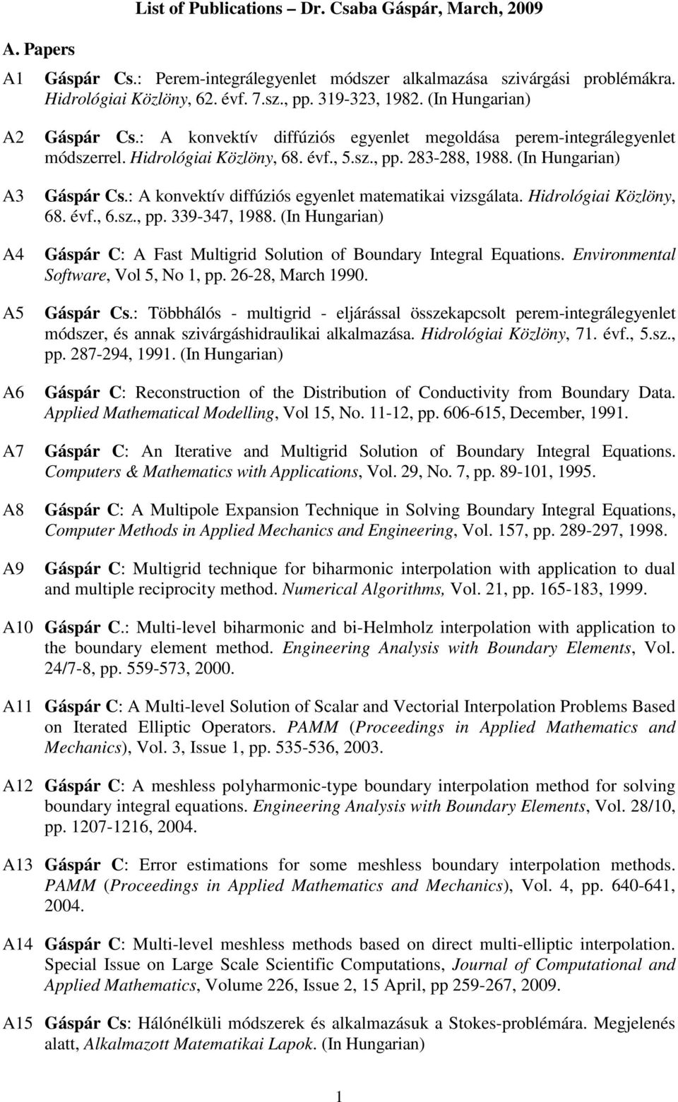 (In Hungarian) Gáspár Cs.: A konvektív diffúziós egyenlet matematikai vizsgálata. Hidrológiai Közlöny, 68. évf., 6.sz., pp. 339-347, 1988.
