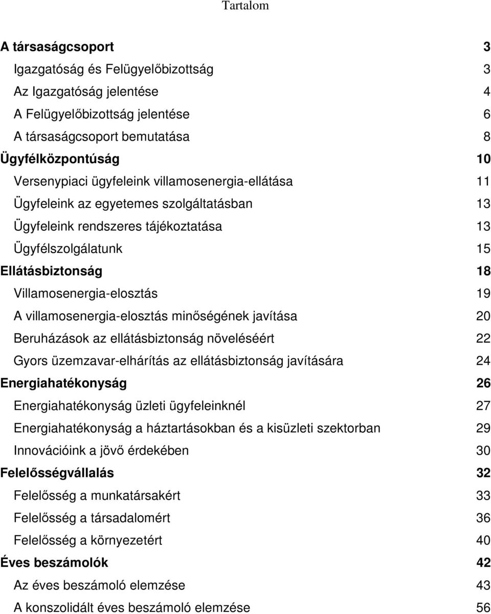 villamosenergia-elosztás minıségének javítása 20 Beruházások az ellátásbiztonság növeléséért 22 Gyors üzemzavar-elhárítás az ellátásbiztonság javítására 24 Energiahatékonyság 26 Energiahatékonyság